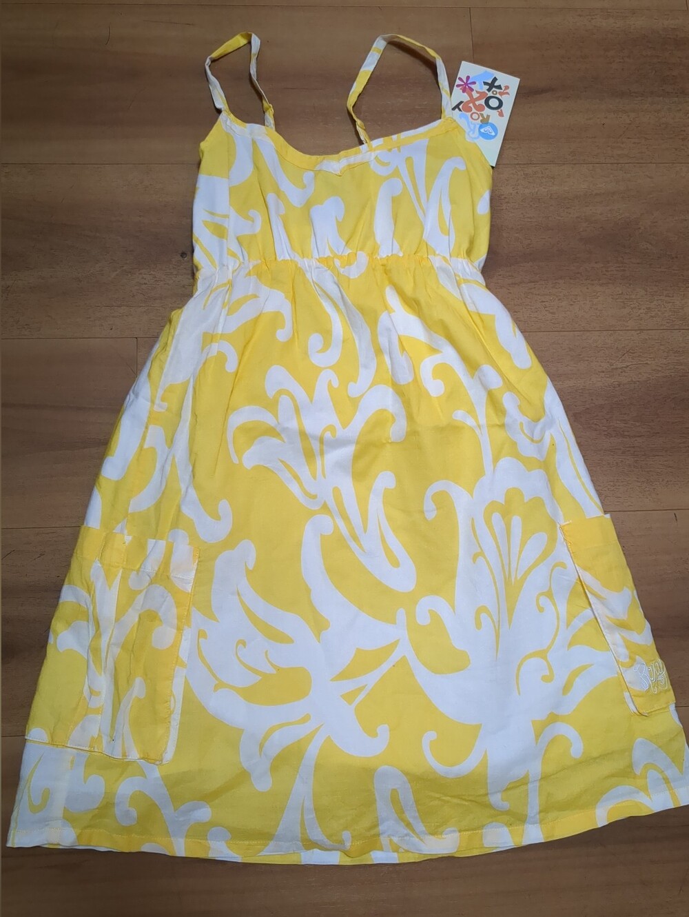Y2K Womens SM/Yellow Roxy Quiksilver Floral Spaghetti Strap Smocked Mini Dress